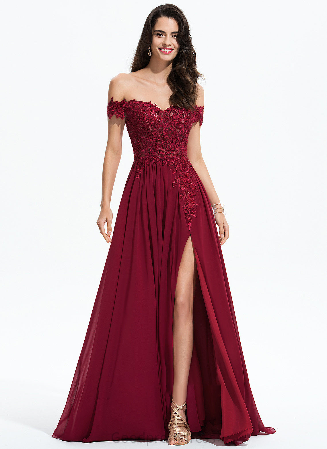 Nicky Sequins A-Line Prom Dresses Train Off-the-Shoulder With Chiffon Lace Sweep