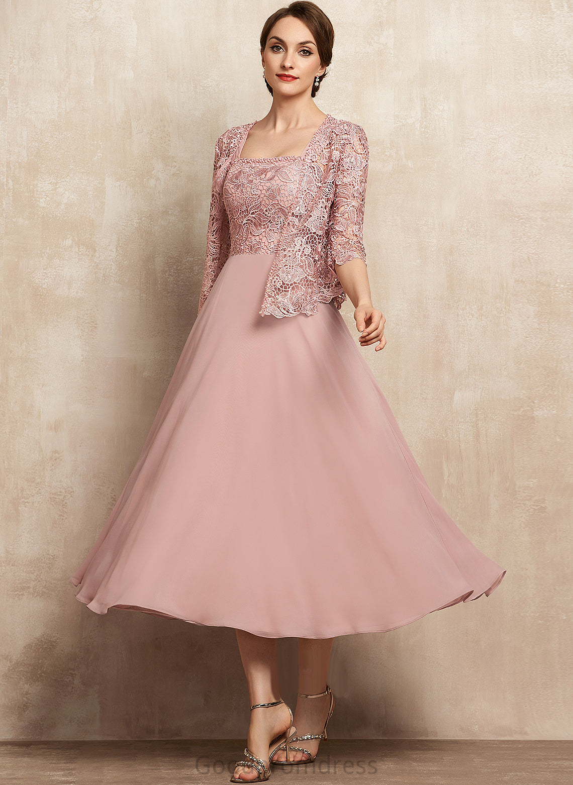 of Square Tea-Length Mother of the Bride Dresses Elliana Sequins the Neckline Bride Dress With Beading Mother Lace Chiffon A-Line