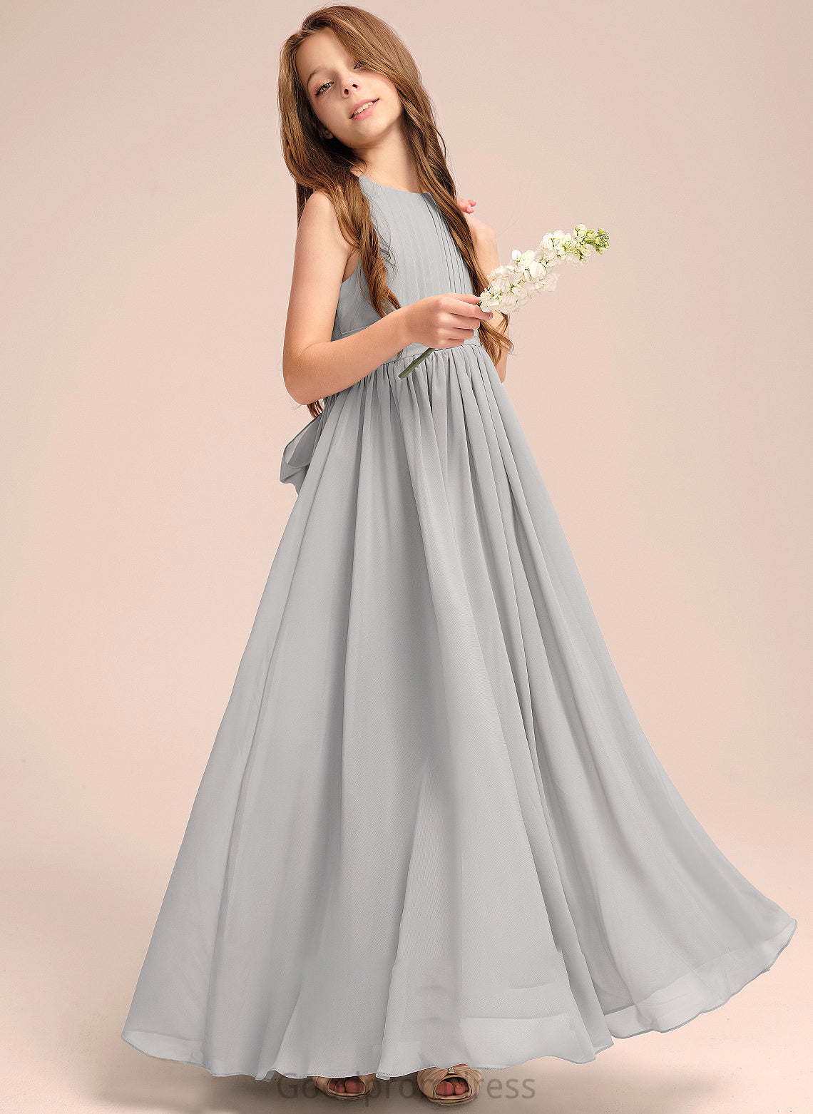 Floor-Length Chiffon With Neck Ruffle Jaelynn Bow(s) Junior Bridesmaid Dresses Scoop A-Line