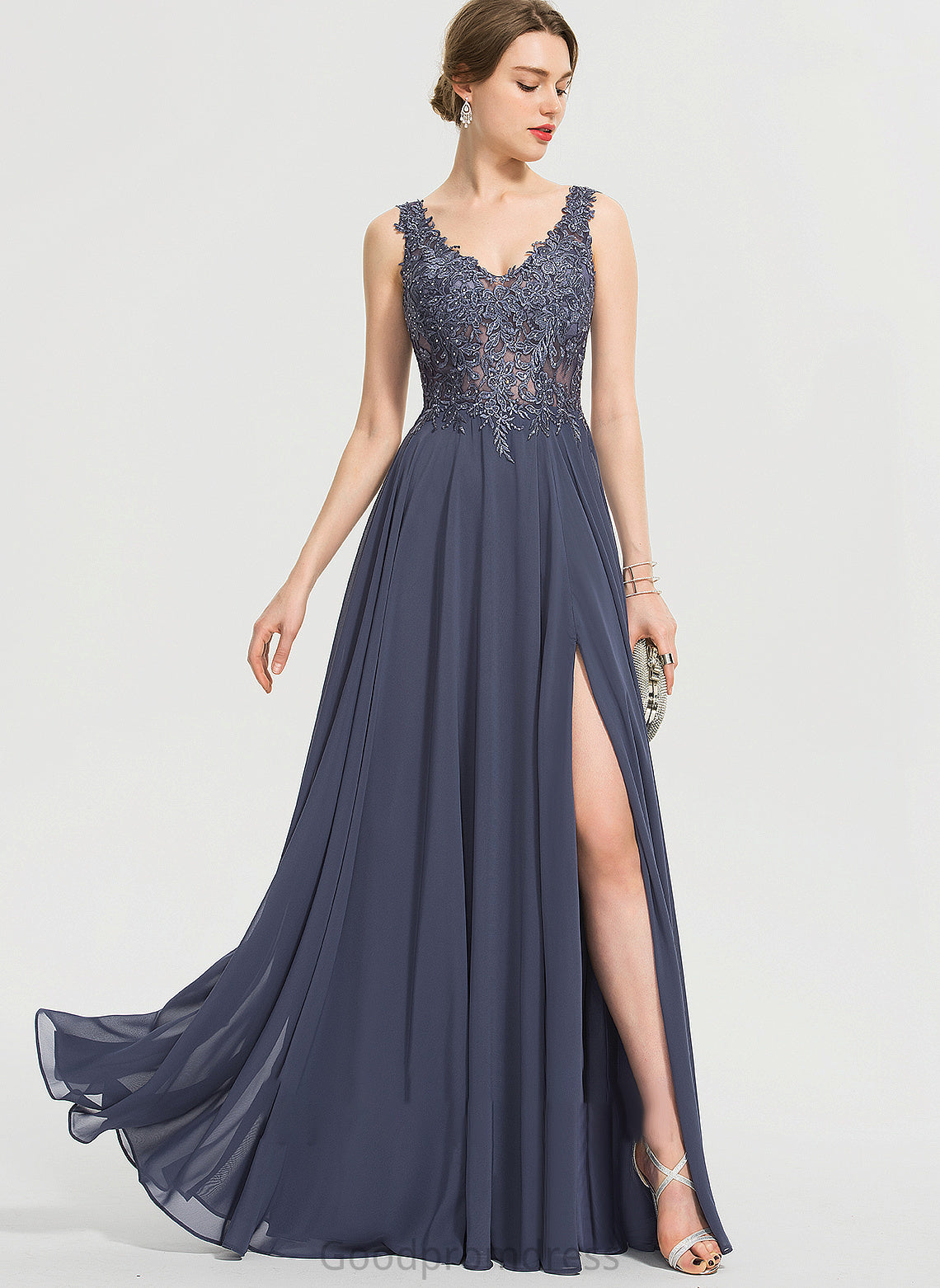 Sequins Floor-Length Split With Nancy Chiffon V-neck A-Line Prom Dresses Front Beading