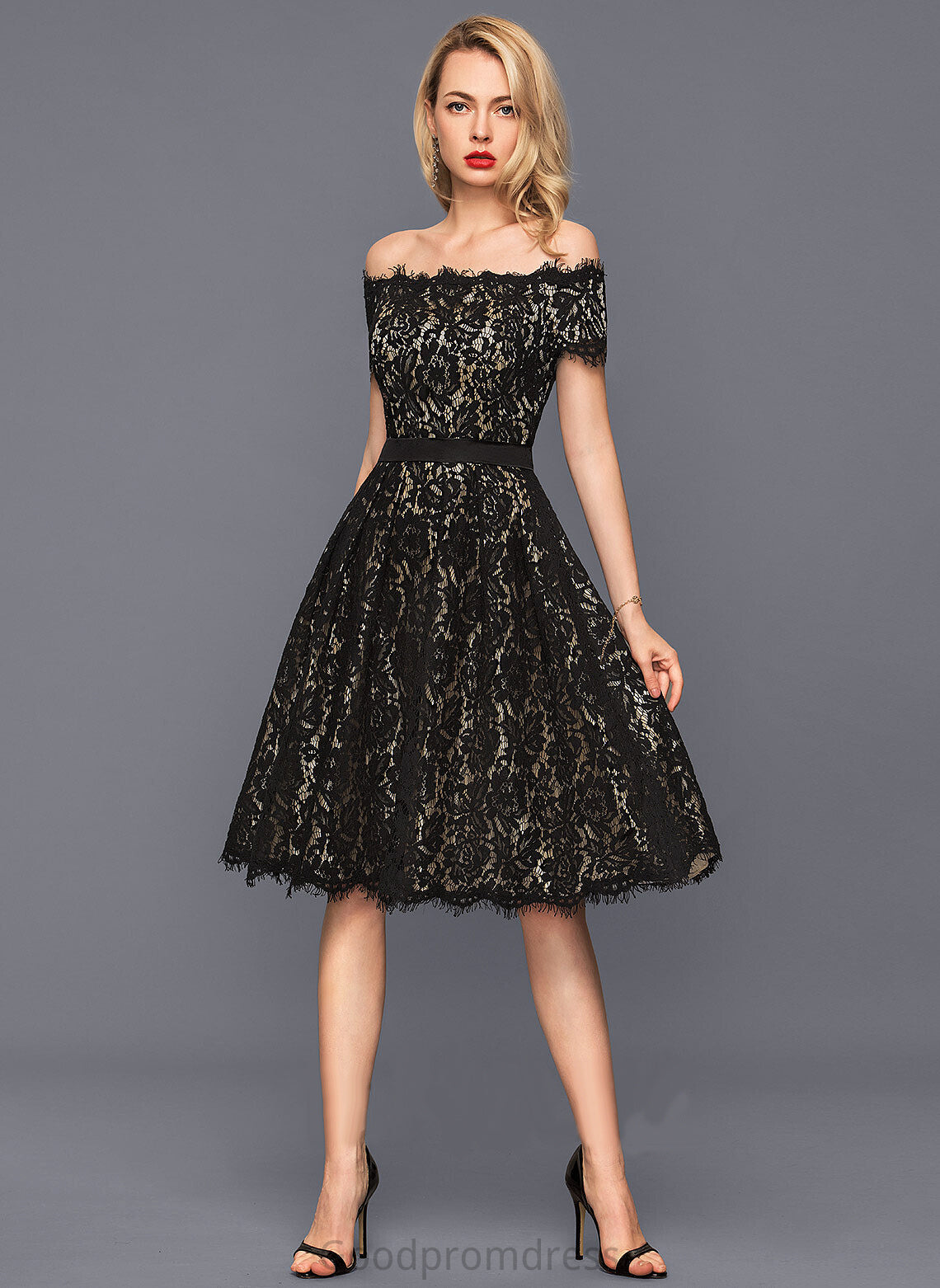 Cocktail Dresses Ryleigh Dress Lace Cocktail Off-the-Shoulder Charmeuse Knee-Length A-Line