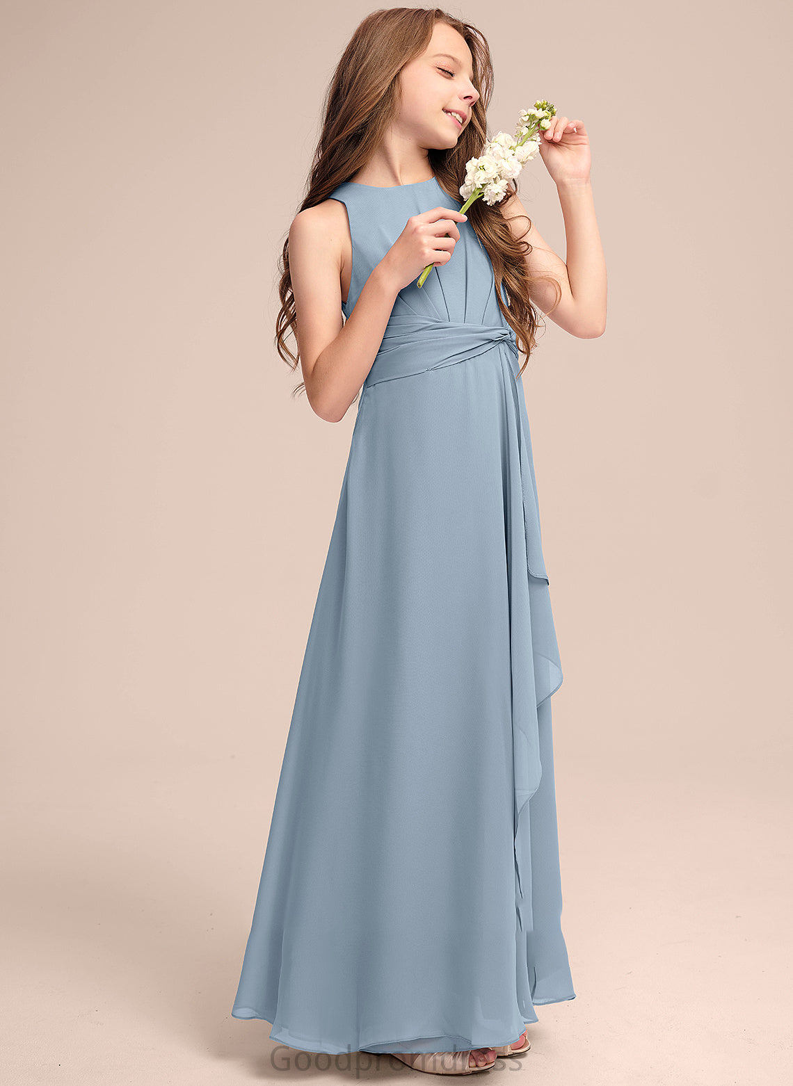 Chiffon Floor-Length Ruffles Cascading Crystal A-Line With Junior Bridesmaid Dresses Scoop Neck