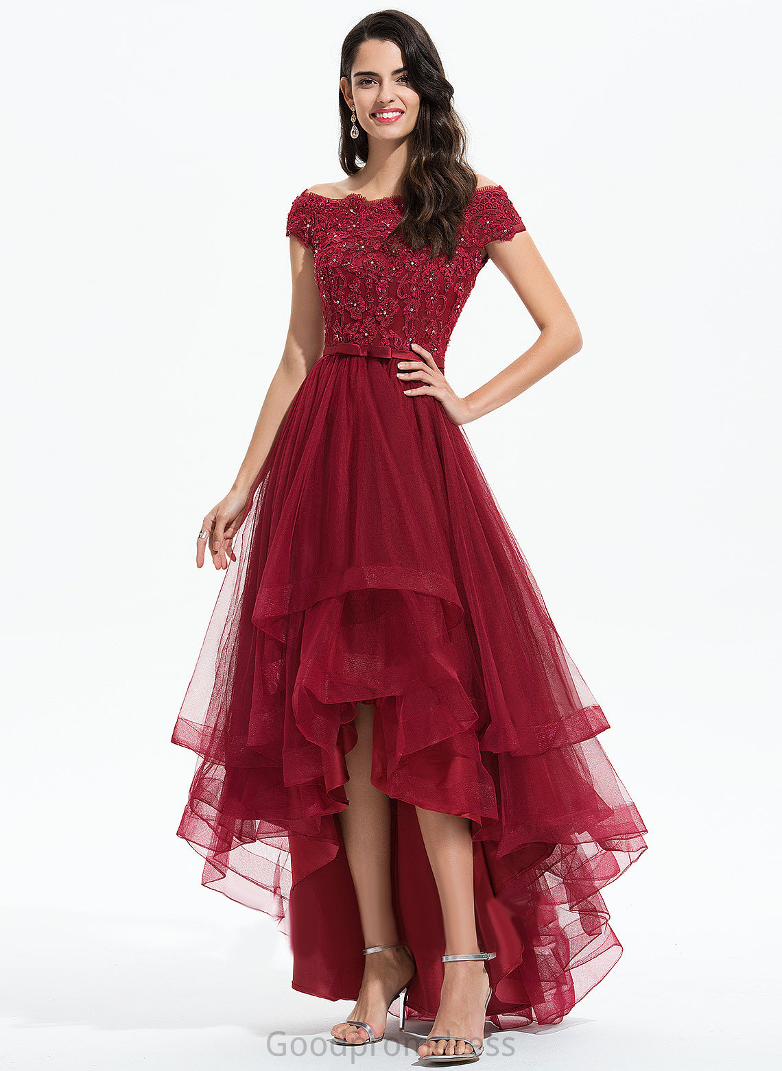 Prom Dresses Sequins Off-the-Shoulder A-Line Asymmetrical Macy Tulle Bow(s) Lace Beading With