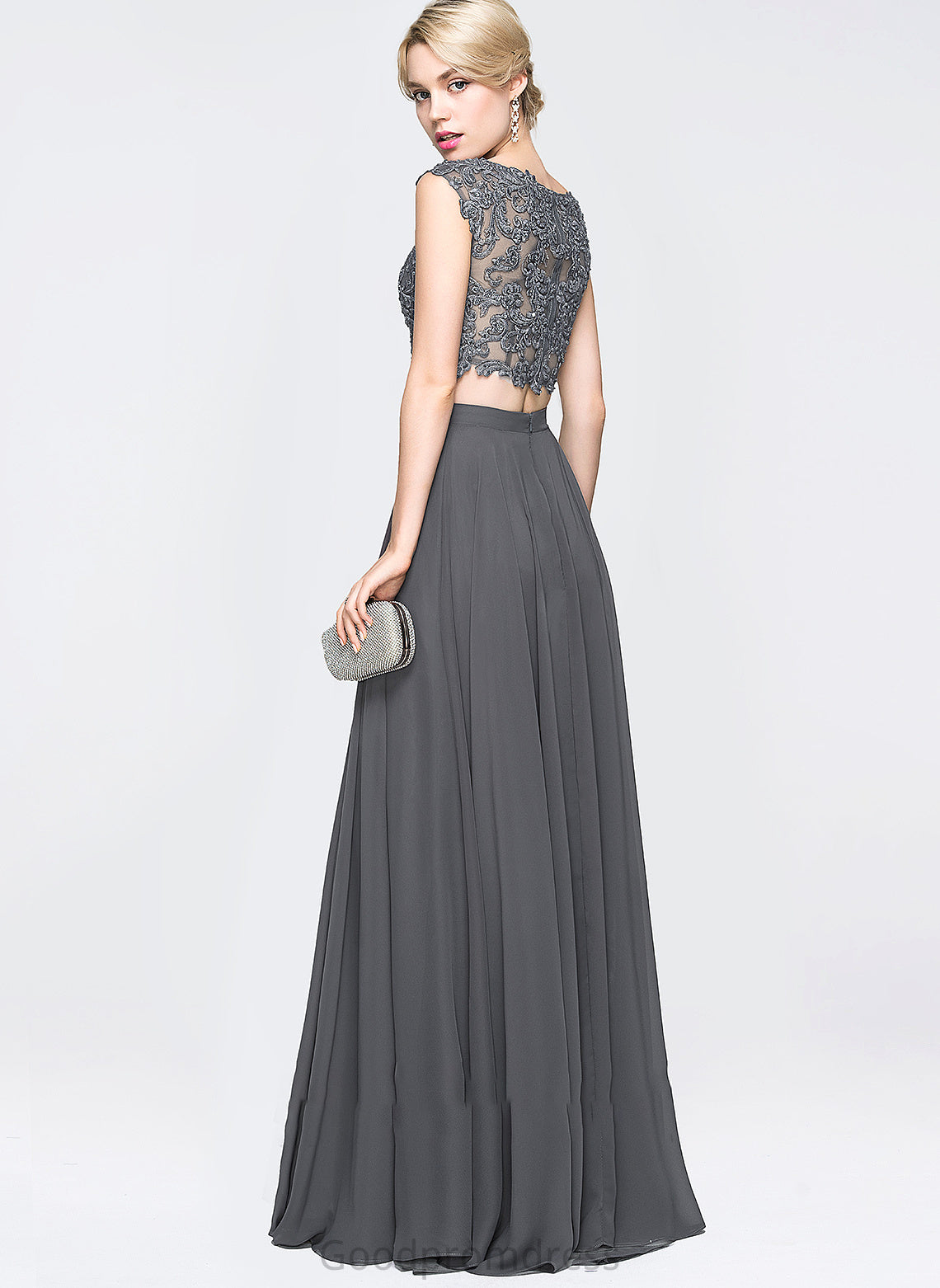 Neck A-Line Scoop Beading Sequins With Jewel Chiffon Prom Dresses Floor-Length