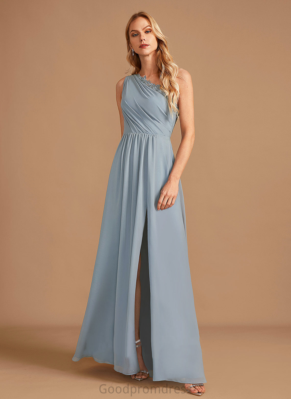 Sequins Silhouette One-Shoulder Neckline Embellishment Length A-Line Floor-Length Lace Fabric Molly Cap Sleeves Bridesmaid Dresses