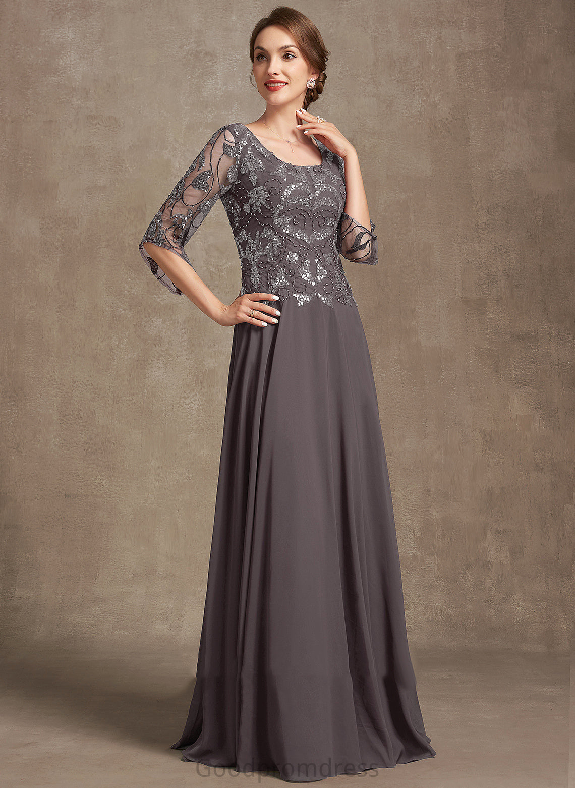 Bride A-Line Scoop Mother the Floor-Length Sequins Neck Mother of the Bride Dresses Lilian Chiffon Lace With Beading of Dress