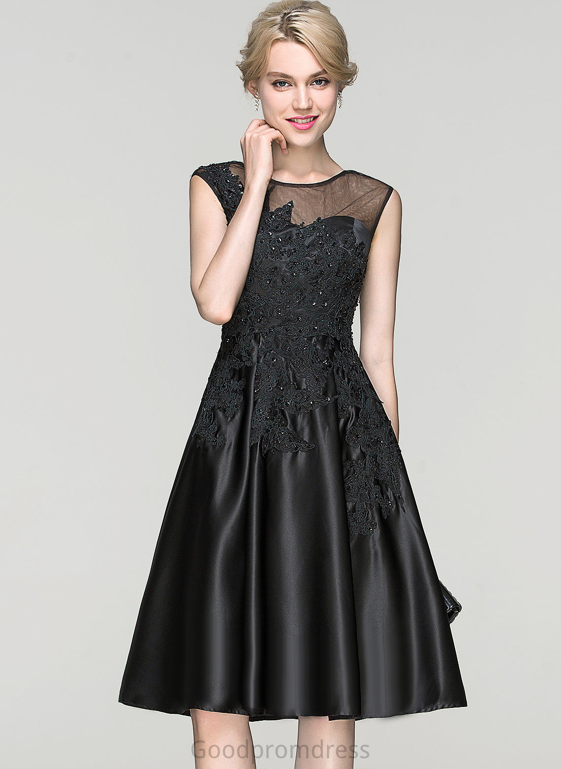 Lace Jasmine Beading Cocktail Dresses Knee-Length Sequins Satin Scoop Dress With Neck Cocktail A-Line Tulle