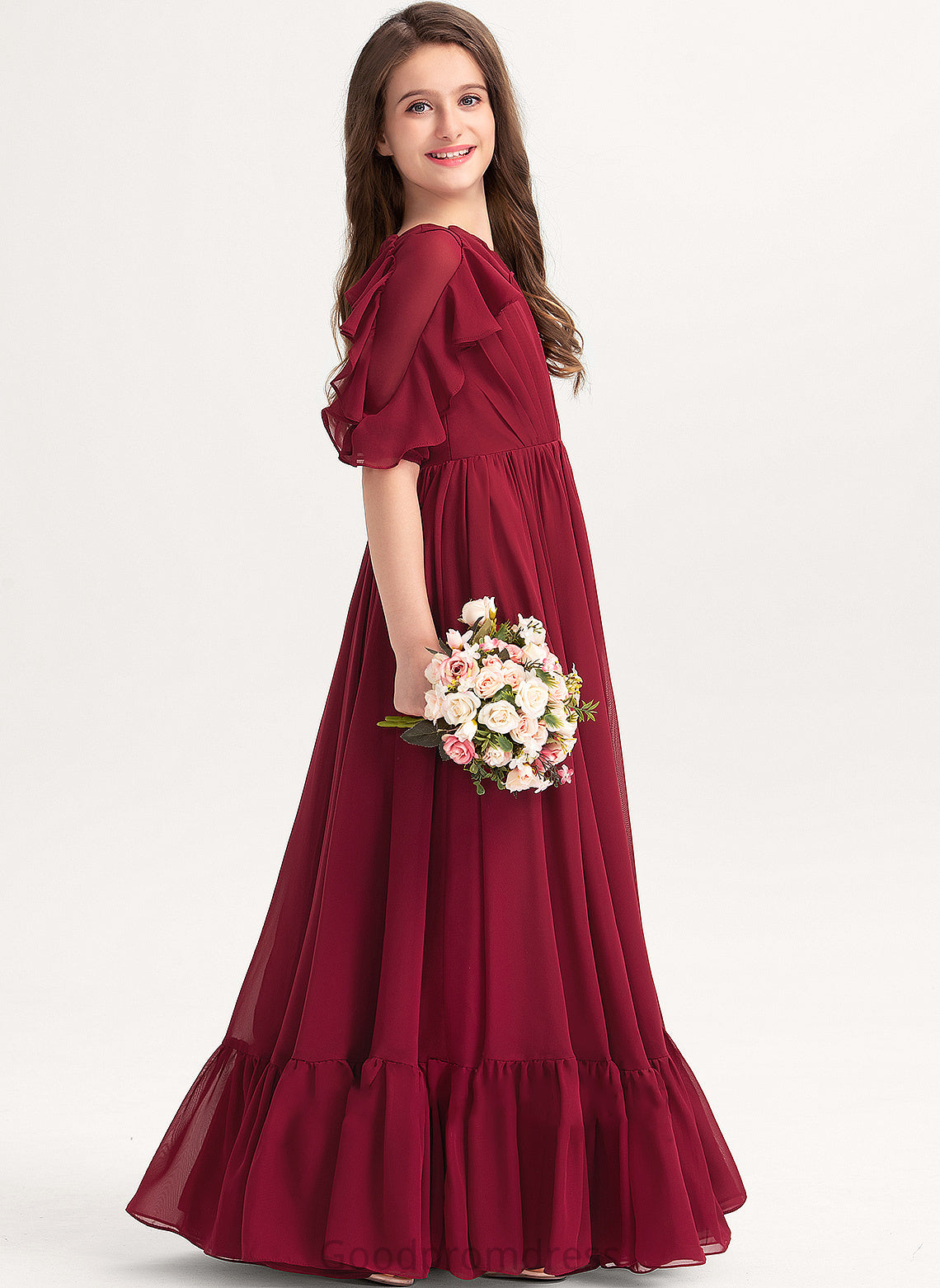 Neck Floor-Length Cascading A-Line Scoop Junior Bridesmaid Dresses Ruffles Ursula With Chiffon