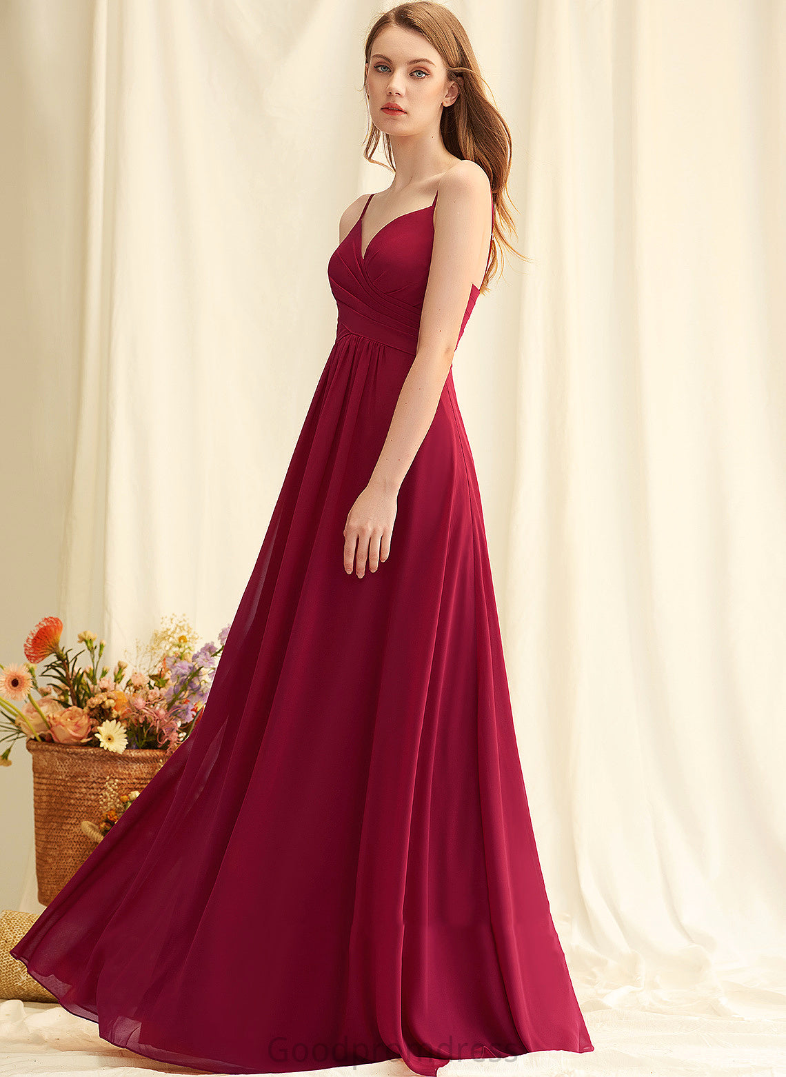 A-Line V-neck Fabric Ruffle Silhouette Embellishment Floor-Length Length Neckline Madyson A-Line/Princess Sleeveless Bridesmaid Dresses