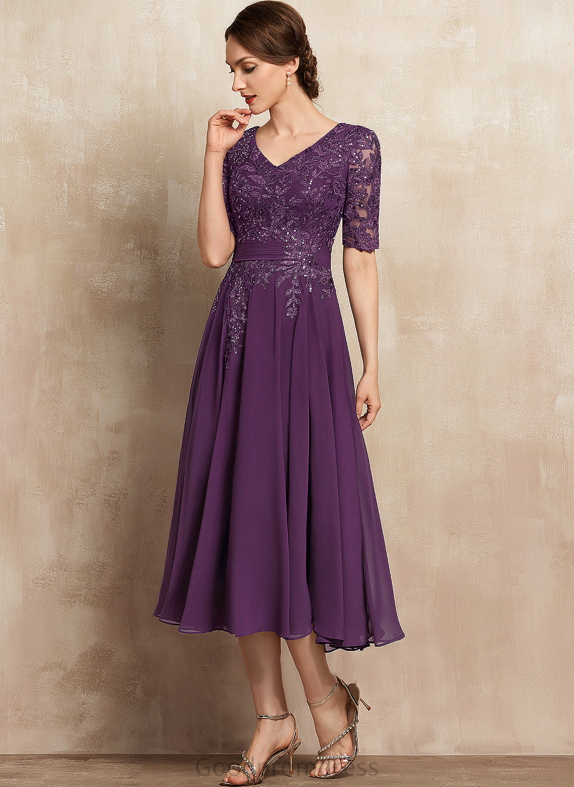 Janelle A-Line Mother V-neck Mother of the Bride Dresses Lace the Sequins Bride Tea-Length of Chiffon With Dress