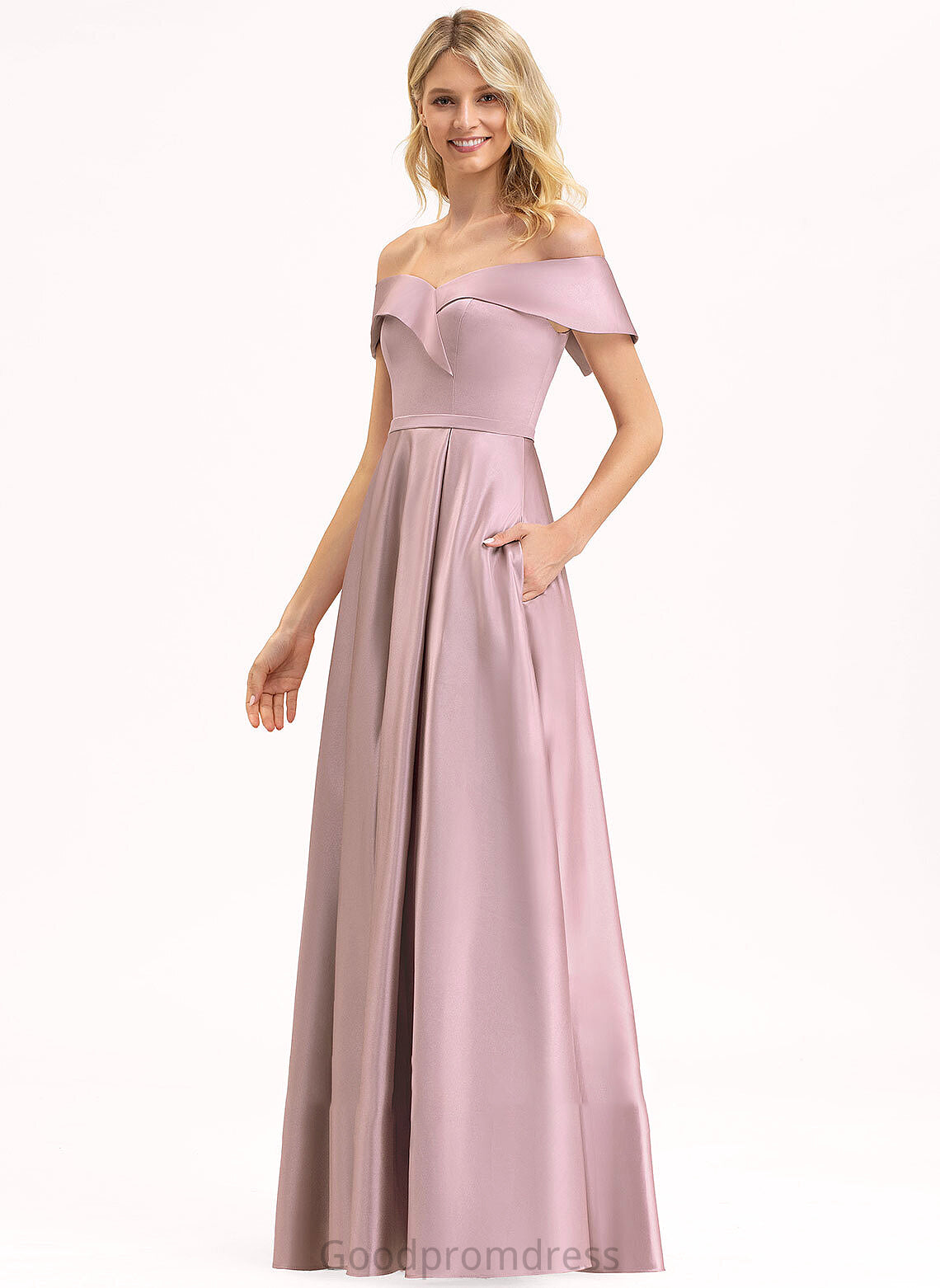 Floor-Length Embellishment Neckline Length Silhouette Off-the-Shoulder Fabric A-Line Pockets Dulce A-Line/Princess Sleeveless Bridesmaid Dresses