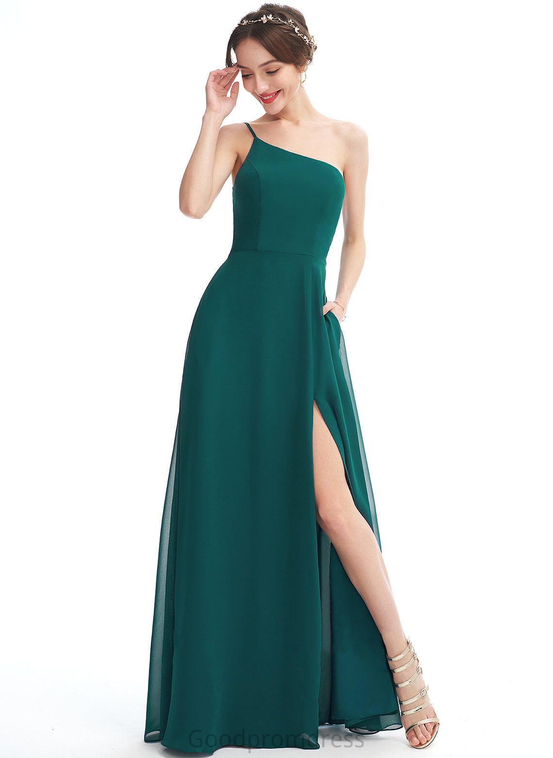 Length A-Line Fabric Silhouette Embellishment One-Shoulder SplitFront Floor-Length Pockets Neckline Ivy Sleeveless Bridesmaid Dresses