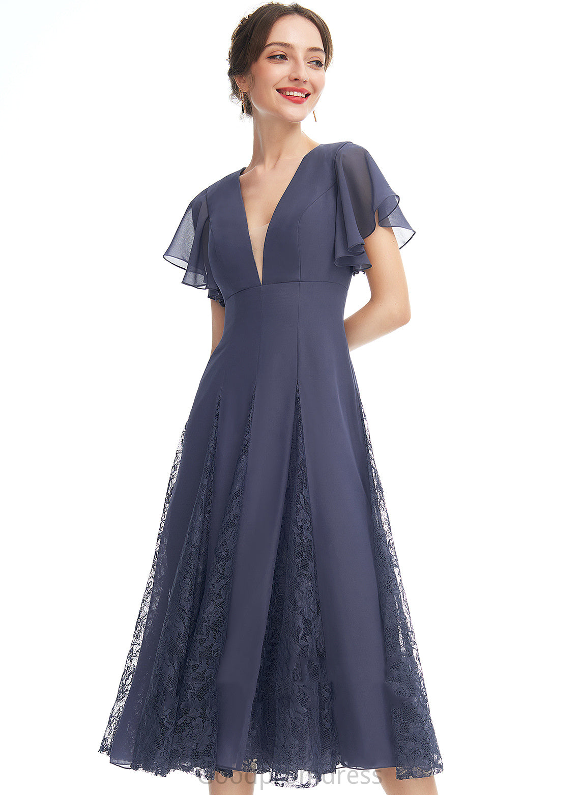 Knee-Length Cocktail Maritza Ruffle A-Line V-neck With Cocktail Dresses Dress Lace Chiffon