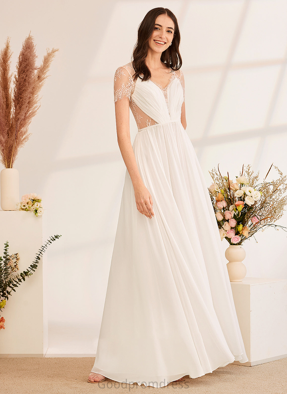 With A-Line Luz Floor-Length Wedding V-neck Dress Ruffle Wedding Dresses