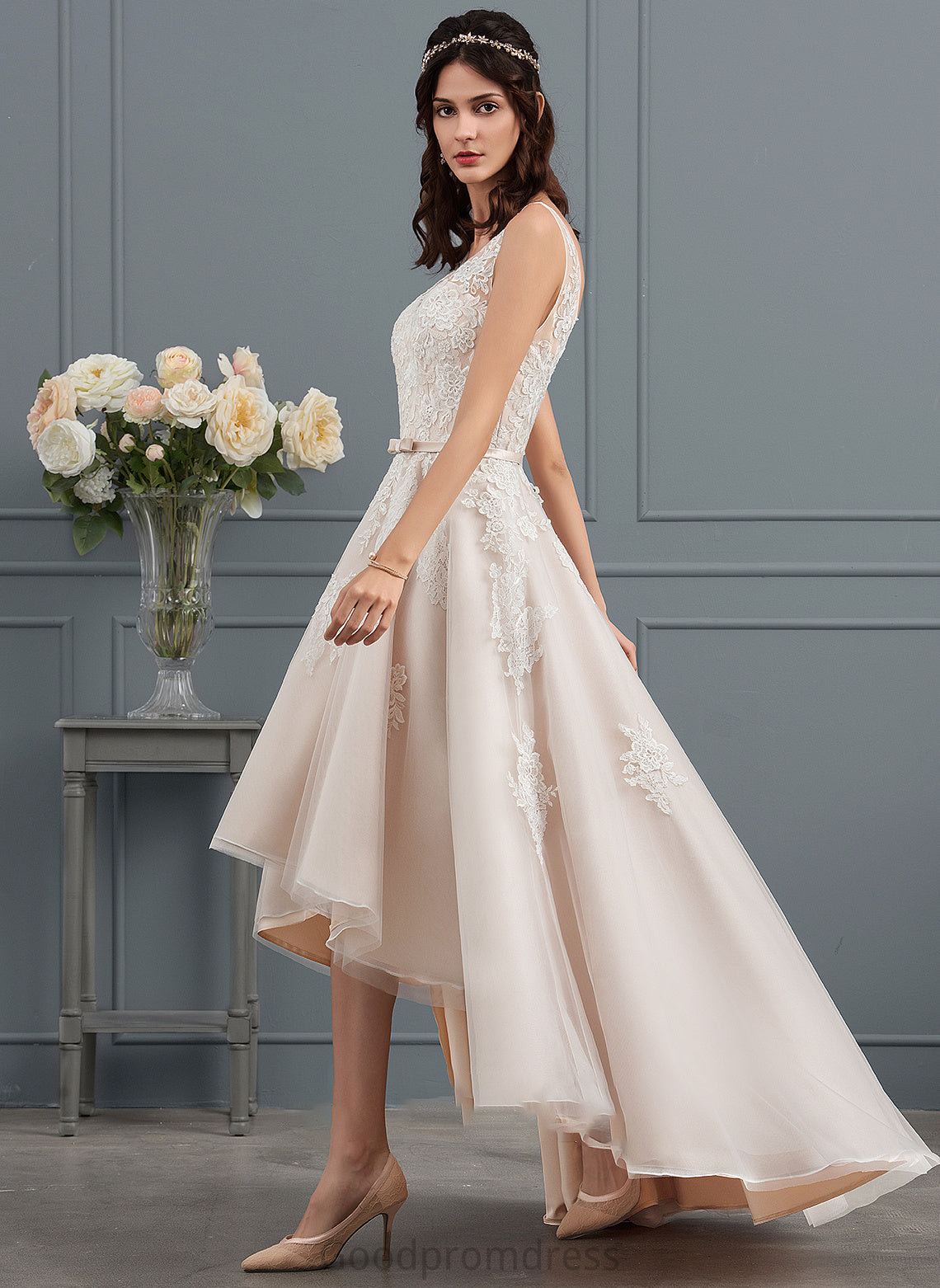 Bow(s) Tulle Wedding Ally Dress Wedding Dresses Lace With A-Line Asymmetrical V-neck