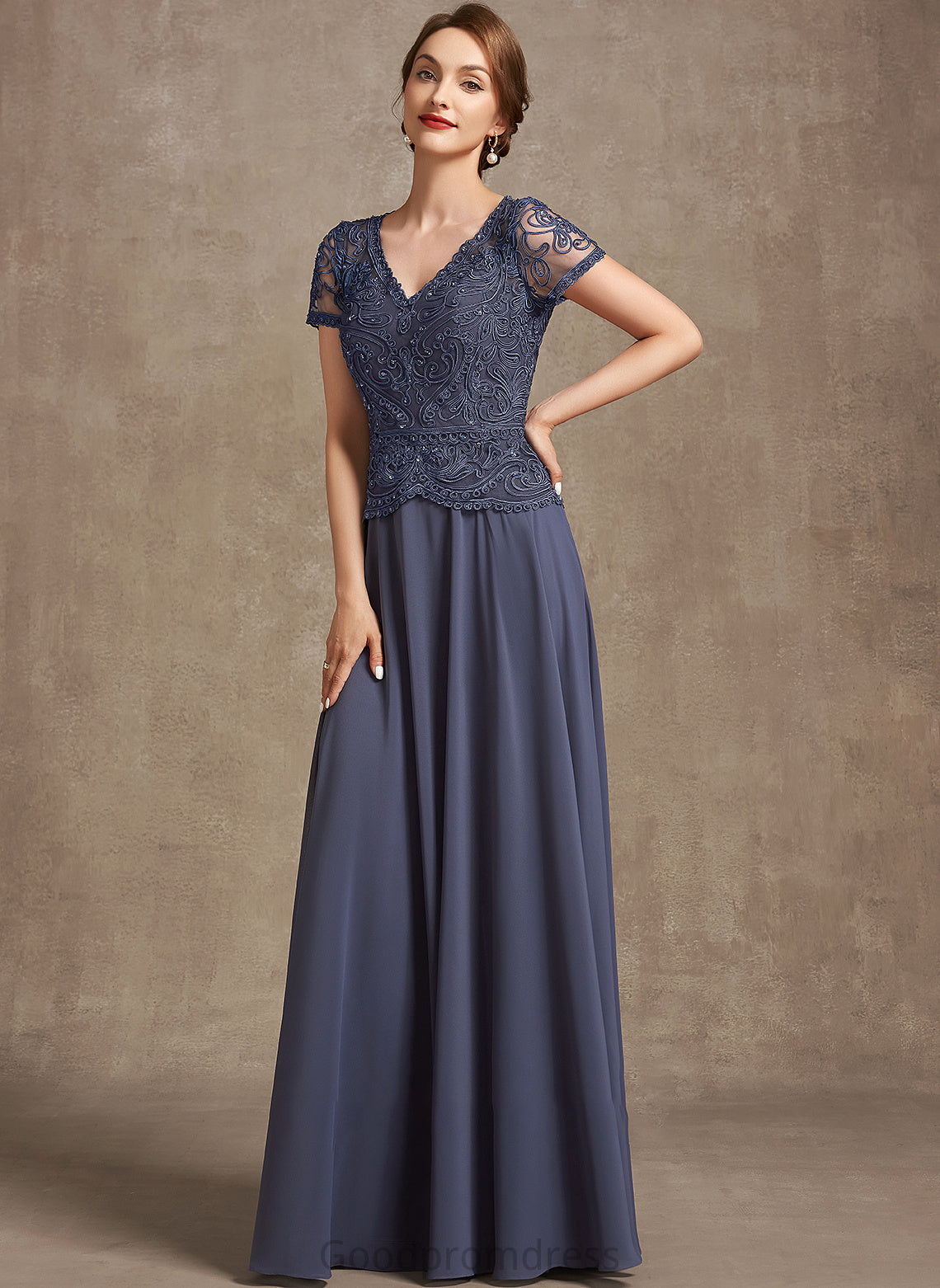 Mother With A-Line Mother of the Bride Dresses of Bride Floor-Length Dress Sequins the V-neck Chiffon Lauretta Lace