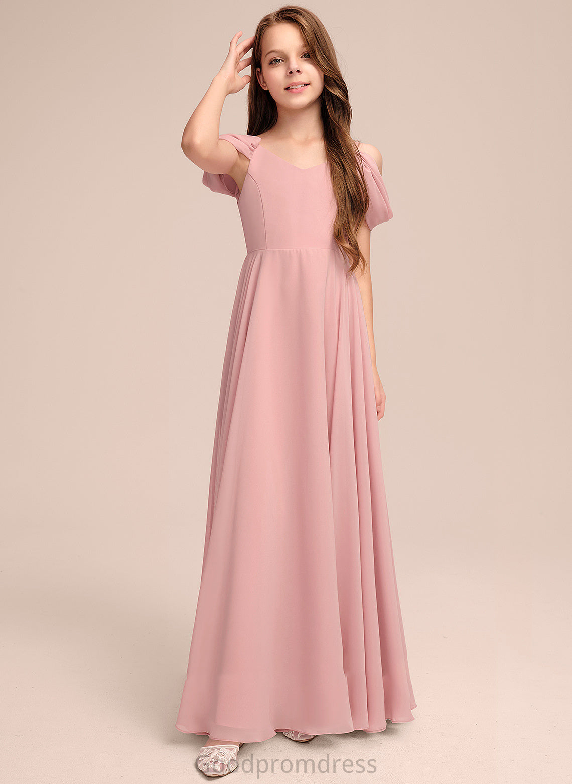 A-Line Floor-Length Ruffle With Chiffon Junior Bridesmaid Dresses V-neck Sierra