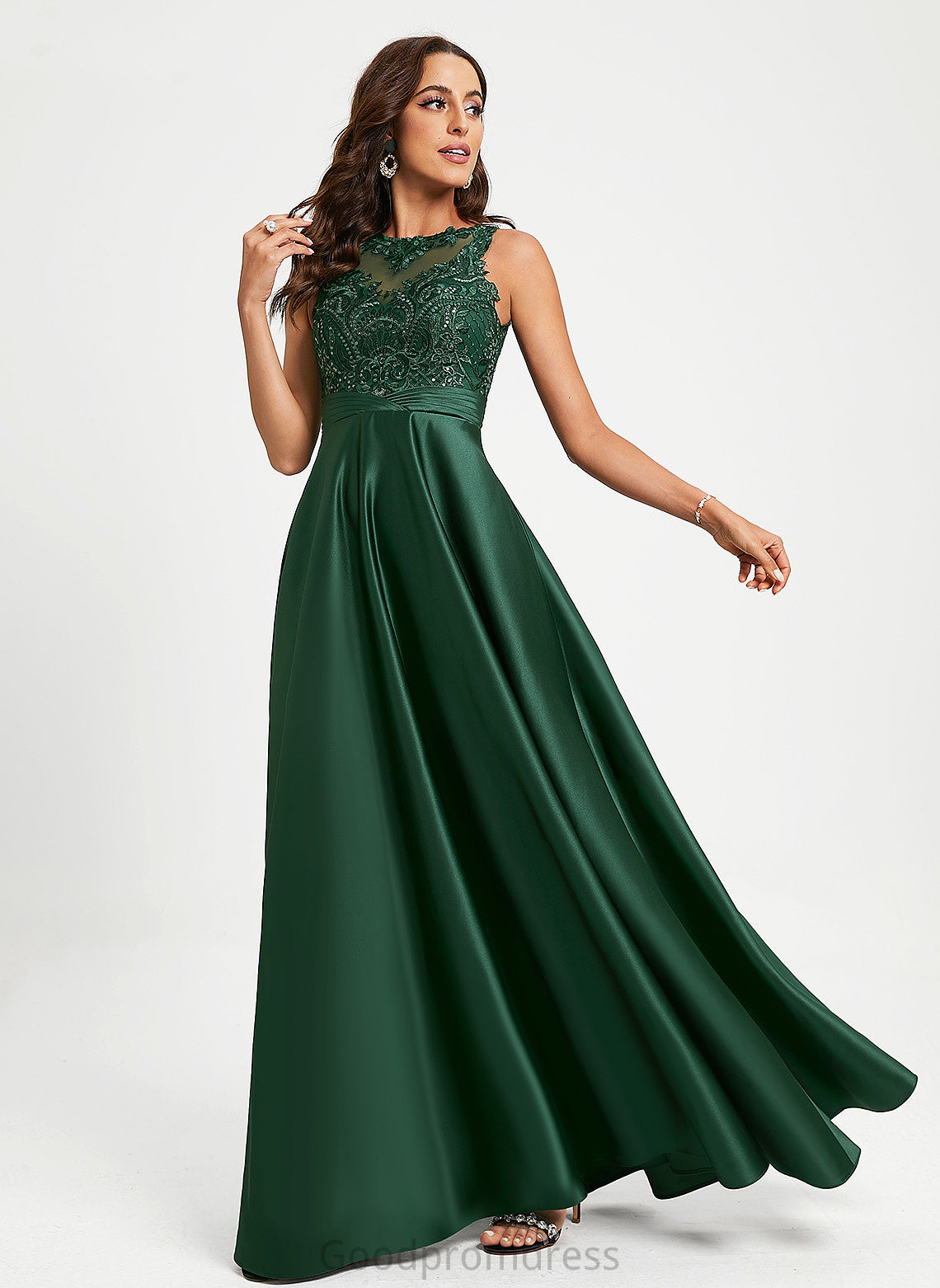 Mara Prom Dresses With Satin Floor-Length Ball-Gown/Princess Lace Sequins Scoop