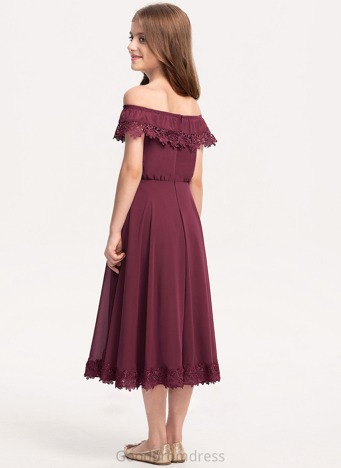 Tea-Length A-Line Junior Bridesmaid Dresses Sanai Lace Chiffon Off-the-Shoulder