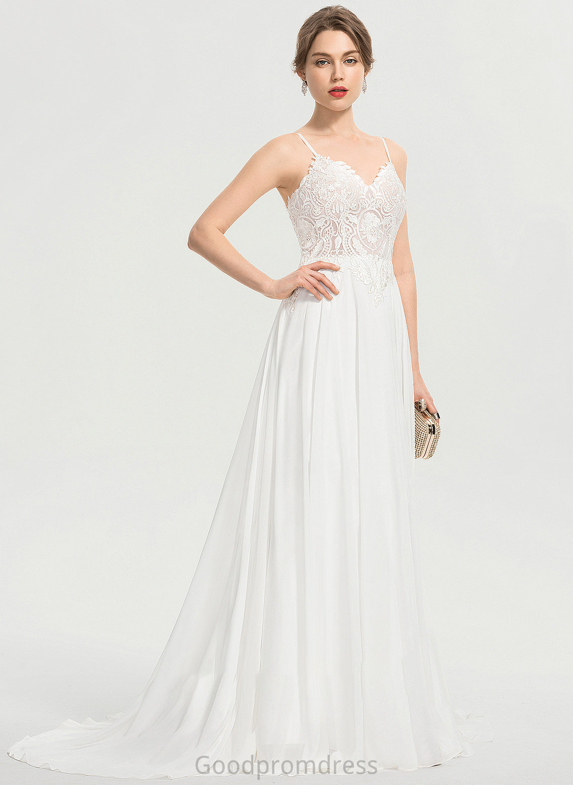 Wedding Dresses Split Wedding Sweep Chiffon With Train Dress V-neck Kiana A-Line Front