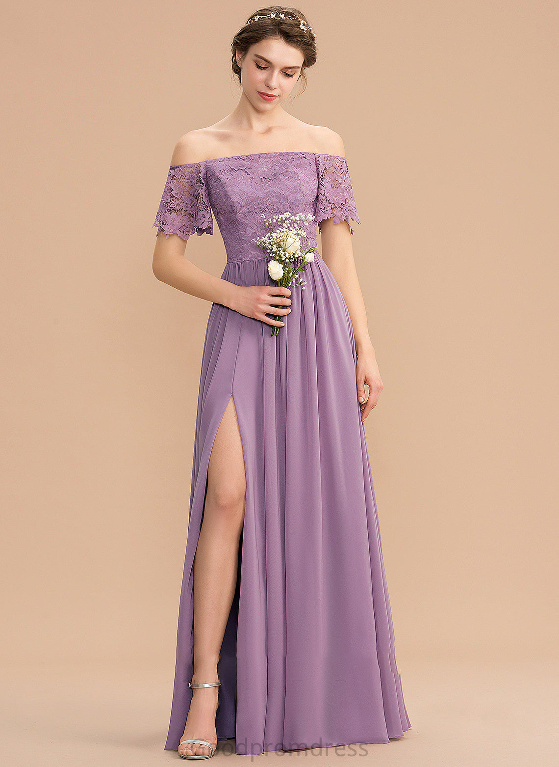 A-Line Silhouette Embellishment SplitFront Floor-Length Fabric Off-the-Shoulder Neckline Length Thirza Floor Length Natural Waist Bridesmaid Dresses