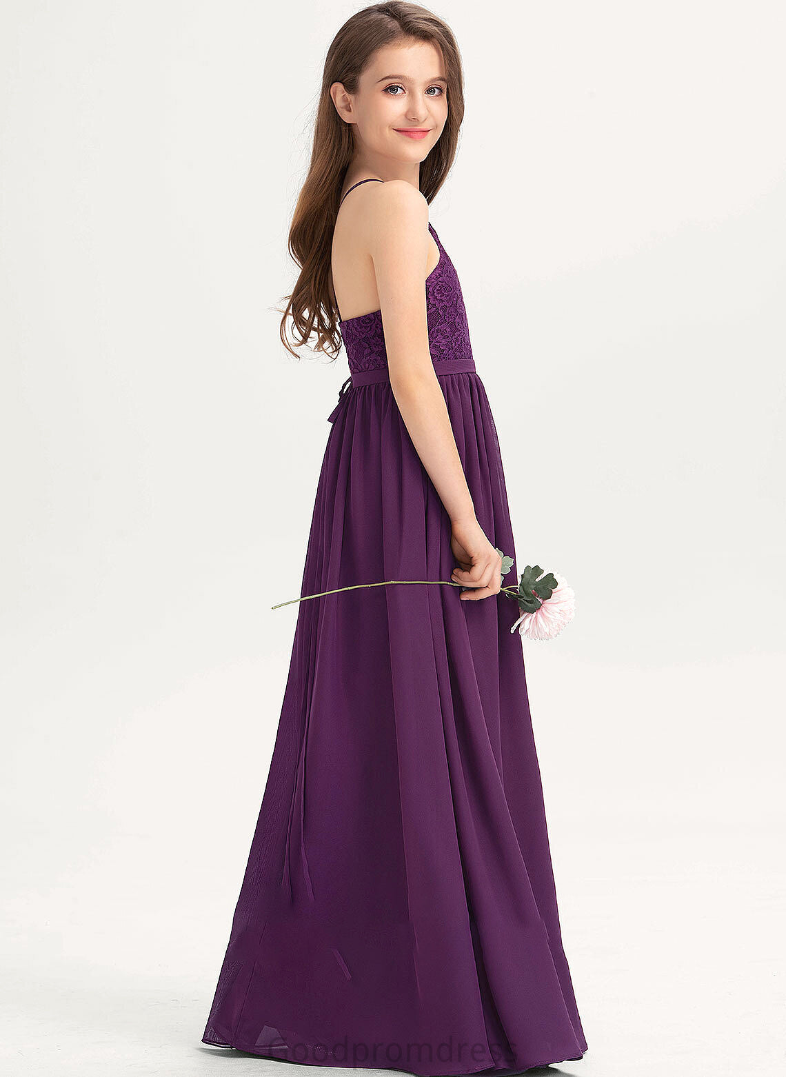 Lace Square Chiffon Junior Bridesmaid Dresses With Floor-Length Neckline Bow(s) Celia A-Line