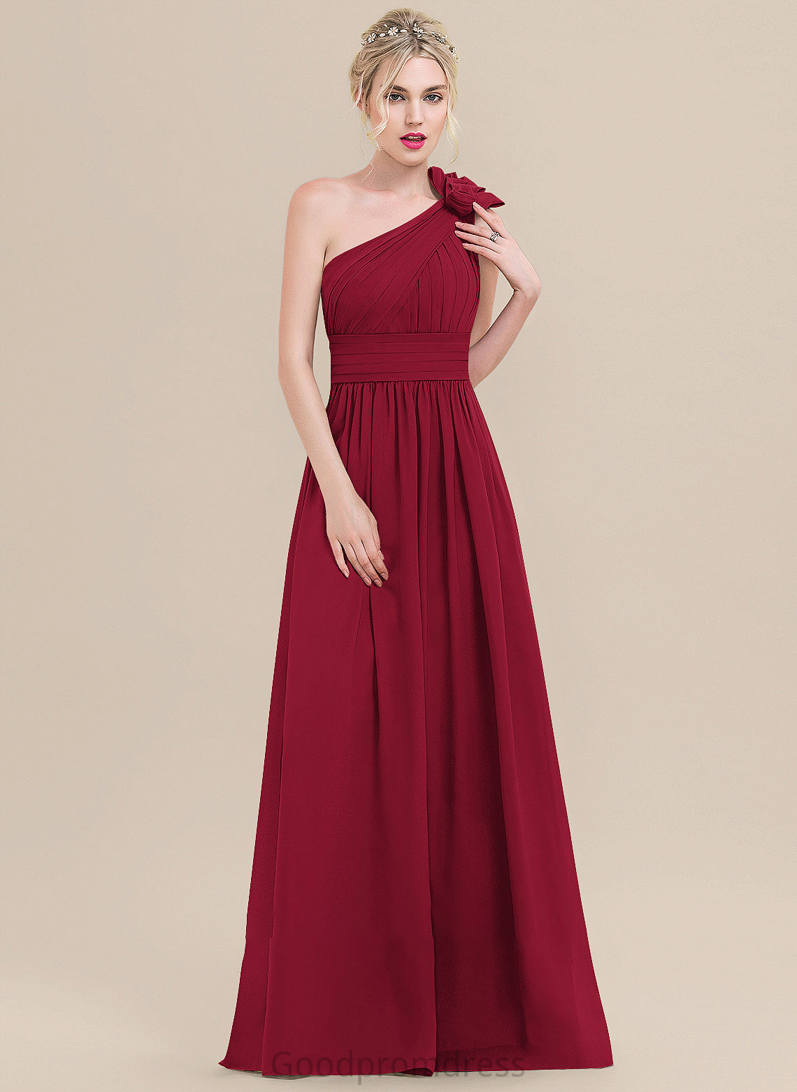 Floor-Length Length Silhouette A-Line One-Shoulder Fabric Neckline Flower(s) Embellishment Ruffle Cynthia Natural Waist Bridesmaid Dresses