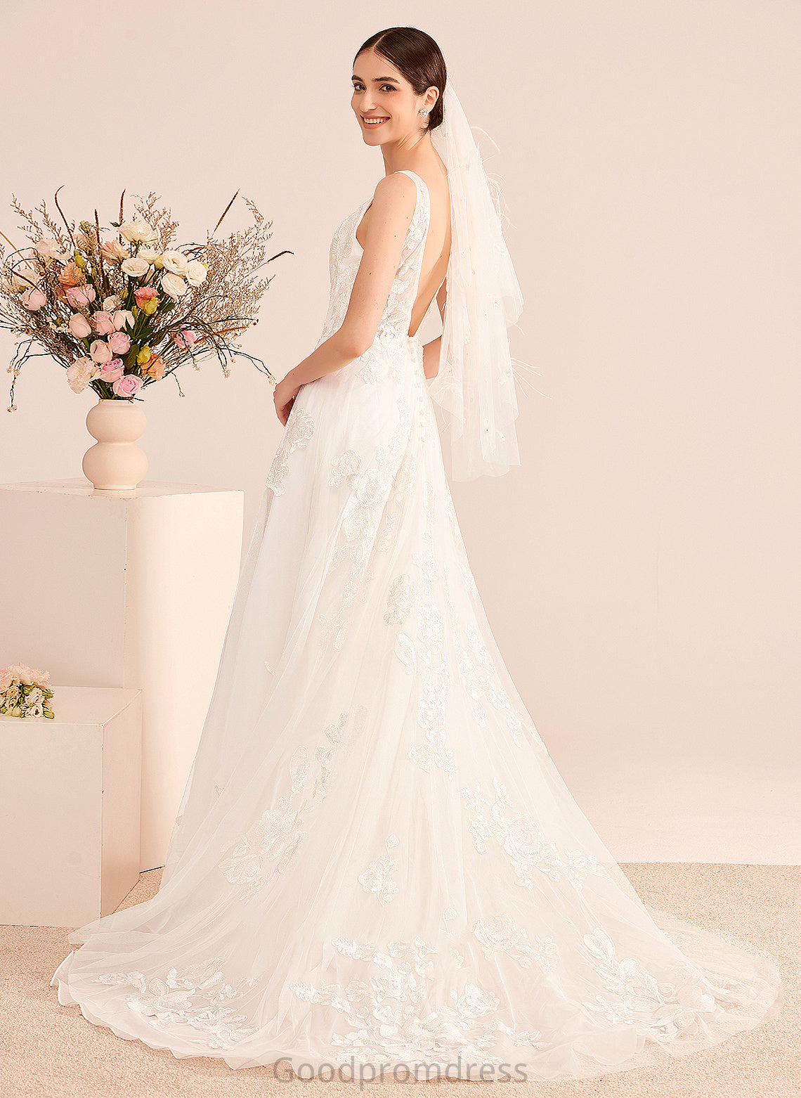 Dress Court A-Line Lace V-neck Leila Train Wedding With Wedding Dresses