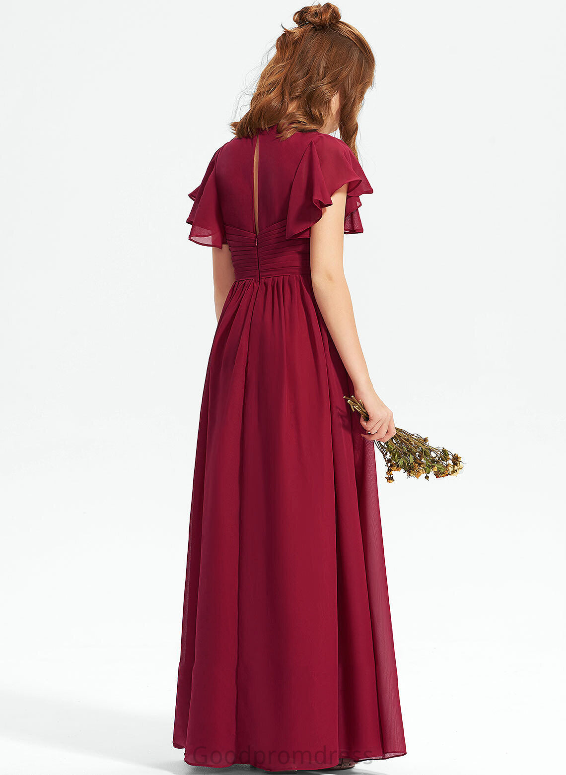 Floor-Length Chiffon Junior Bridesmaid Dresses A-Line With V-neck Ruffle Cheryl