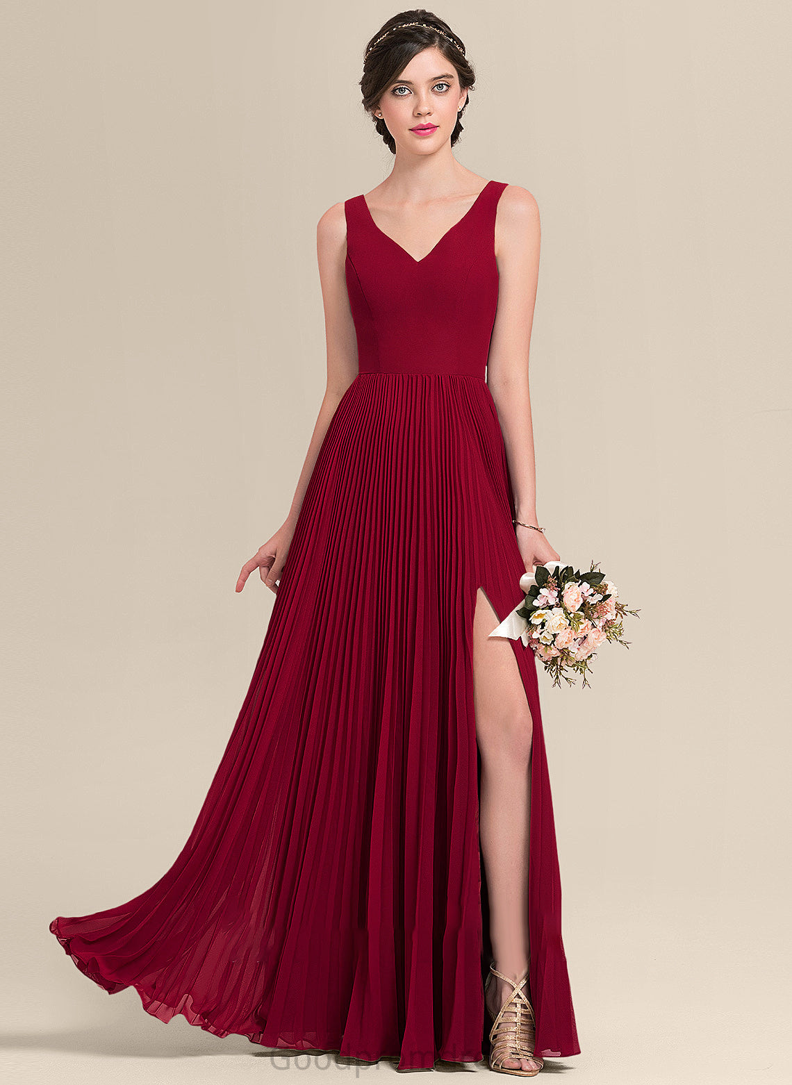 A-Line Silhouette V-neck Fabric Length Pleated Embellishment Floor-Length Neckline SplitFront Allisson A-Line/Princess Bridesmaid Dresses