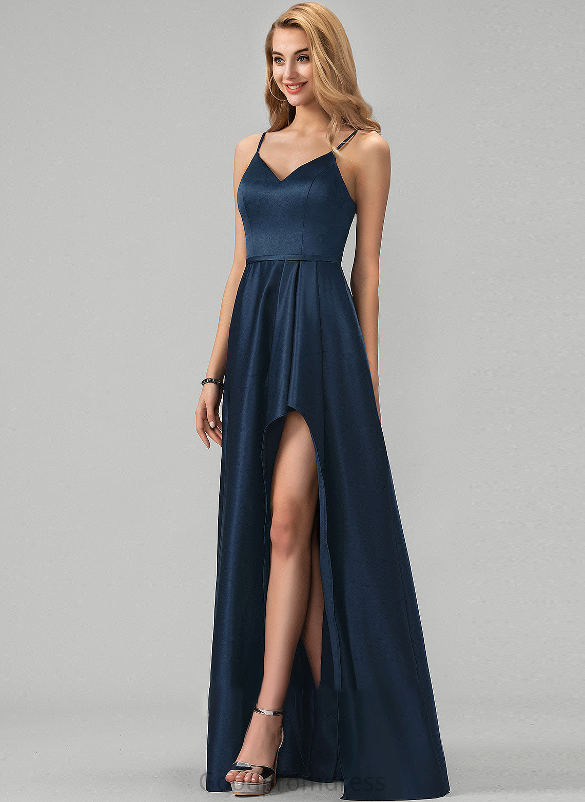 Split Liz Floor-Length A-Line Satin V-neck Front Ruffles Cascading Prom Dresses With