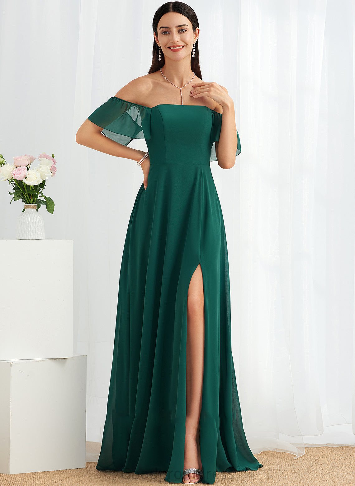 Off-the-Shoulder A-Line Length Fabric Neckline Floor-Length SplitFront Silhouette Embellishment Eleanor Natural Waist Spaghetti Staps Bridesmaid Dresses