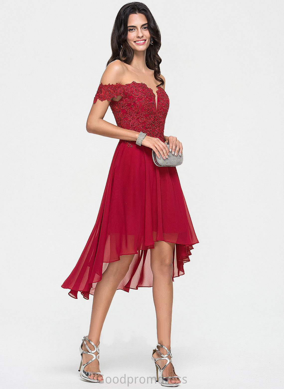 Homecoming Dresses Jaelynn Asymmetrical Chiffon Off-the-Shoulder A-Line Lace With Homecoming Beading Dress