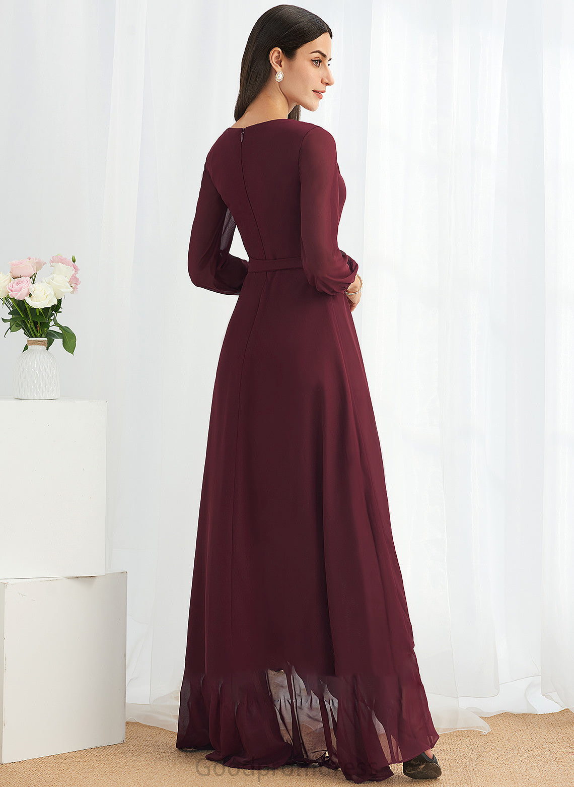 Embellishment Neckline Ruffle Length SplitFront Silhouette Asymmetrical V-neck Fabric A-Line Hope Sleeveless Bridesmaid Dresses