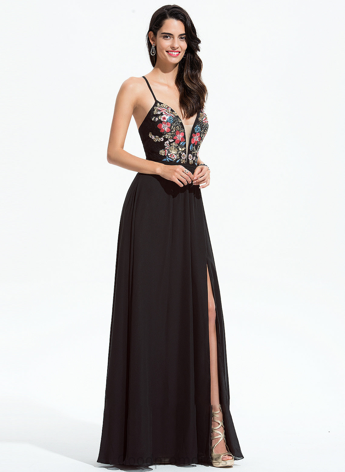 V-neck Sequins Chiffon Floor-Length Ireland With A-Line Prom Dresses Lace