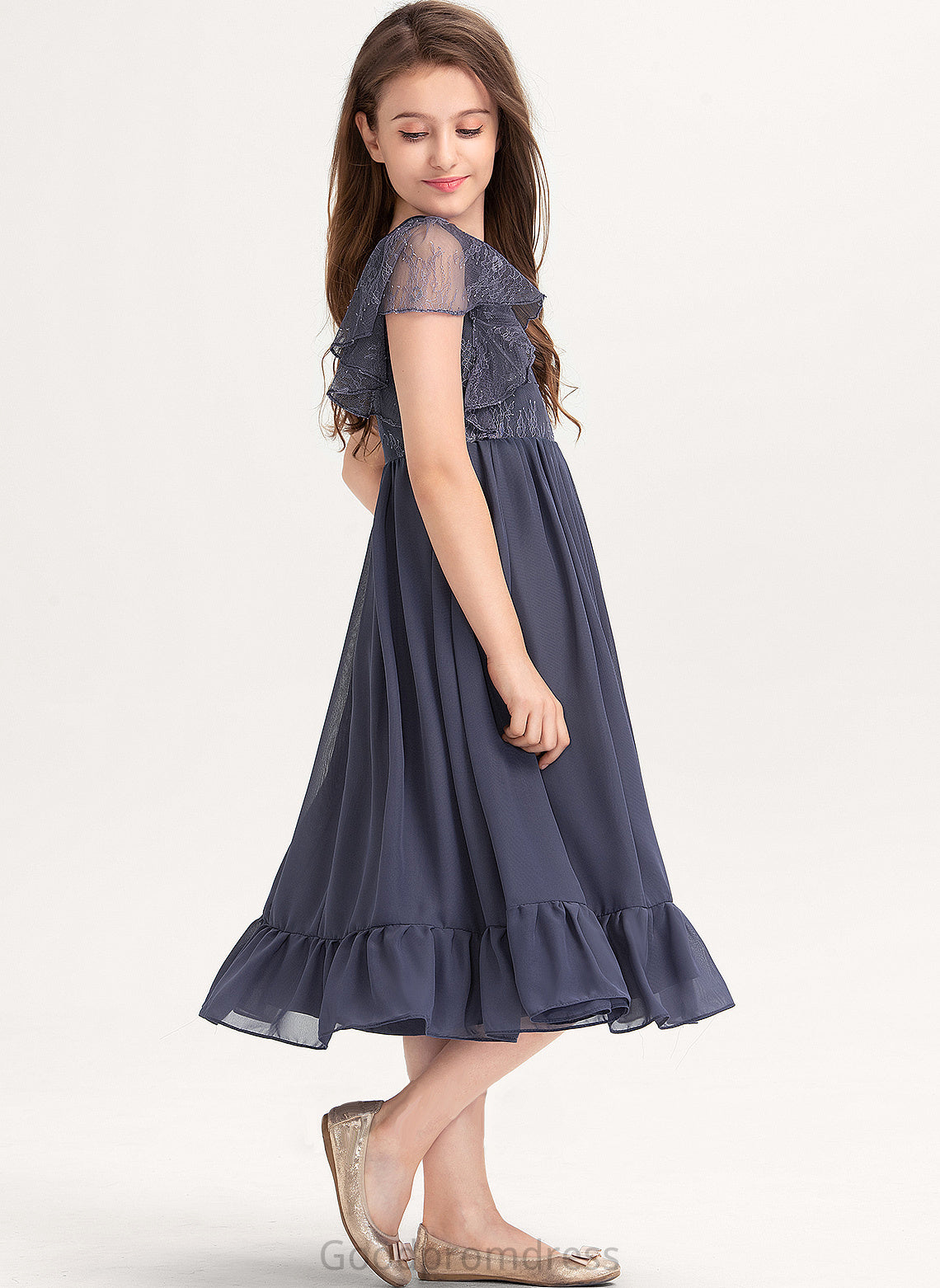 Scoop Knee-Length A-Line Lace Junior Bridesmaid Dresses Ruffles Chiffon With Neck Cascading Dulce