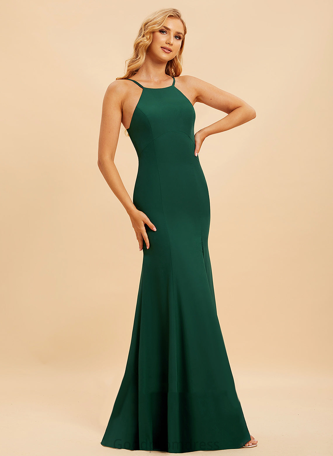 Silhouette HighNeck Fabric Neckline Length Embellishment SplitFront Trumpet/Mermaid Floor-Length Gwen Natural Waist Floor Length Bridesmaid Dresses