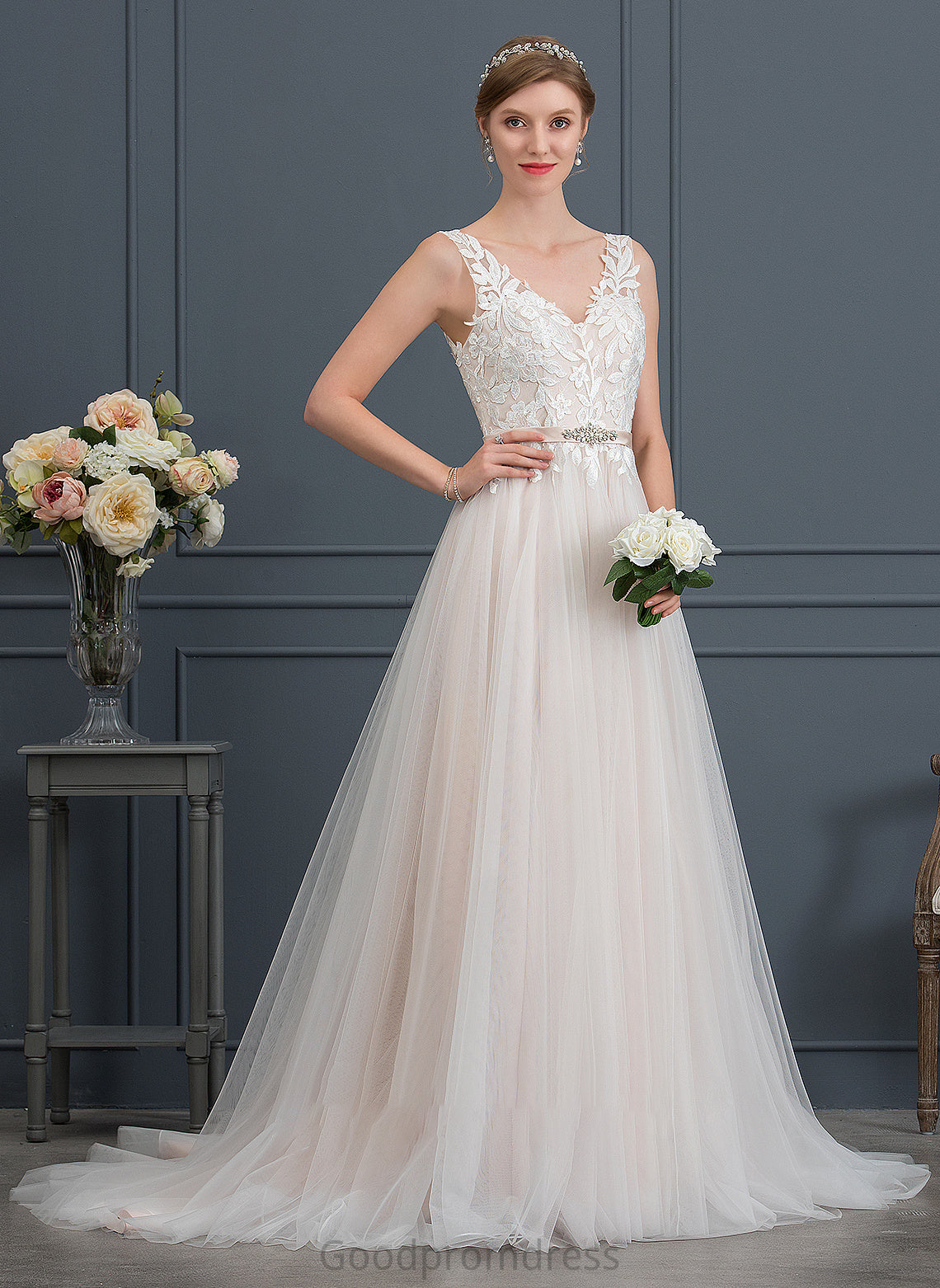 Salome Wedding A-Line Beading Tulle Train Dress Wedding Dresses V-neck Court With