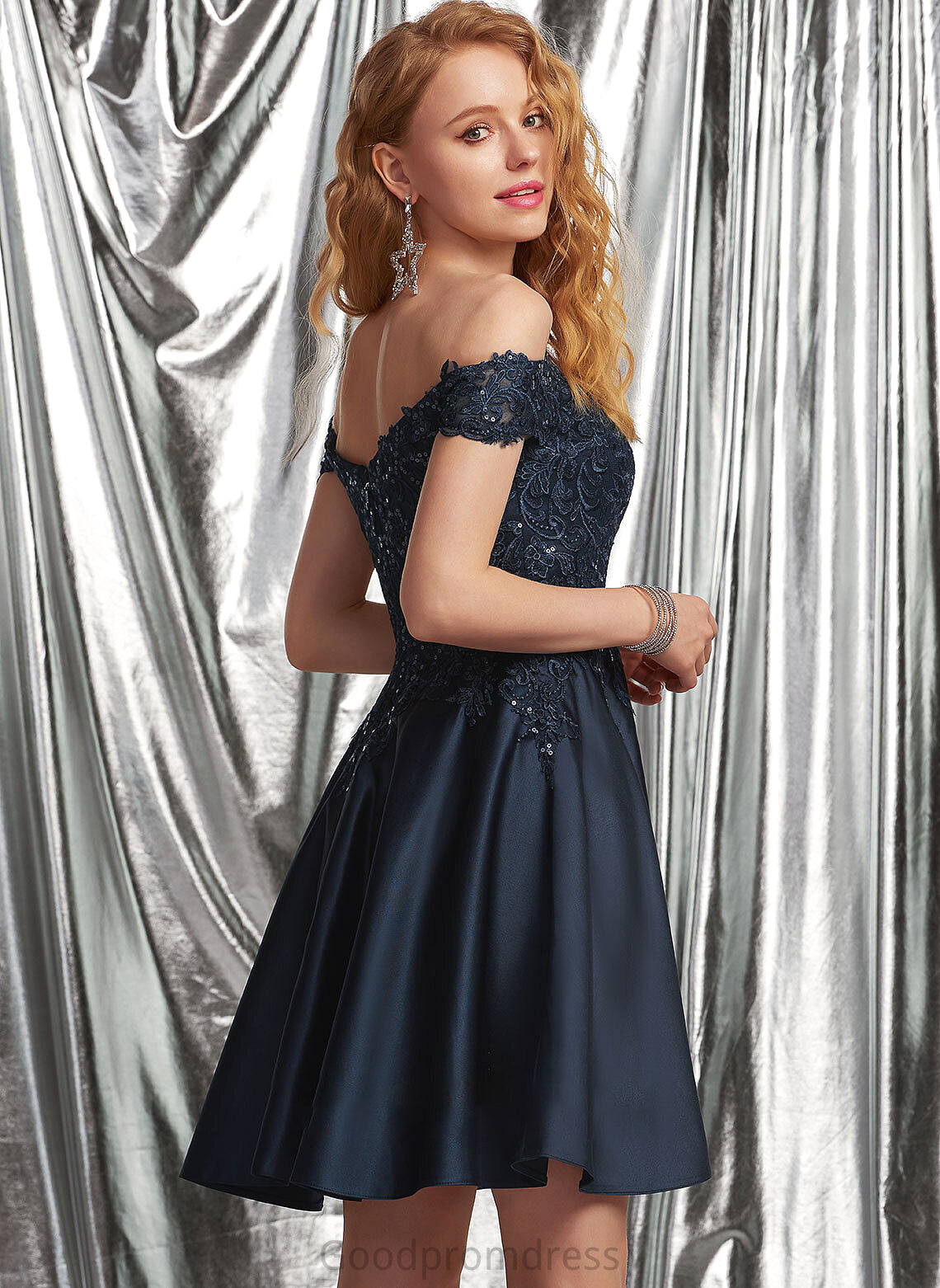 Lace With Prom Dresses Raegan Satin Sequins A-Line Short/Mini Off-the-Shoulder