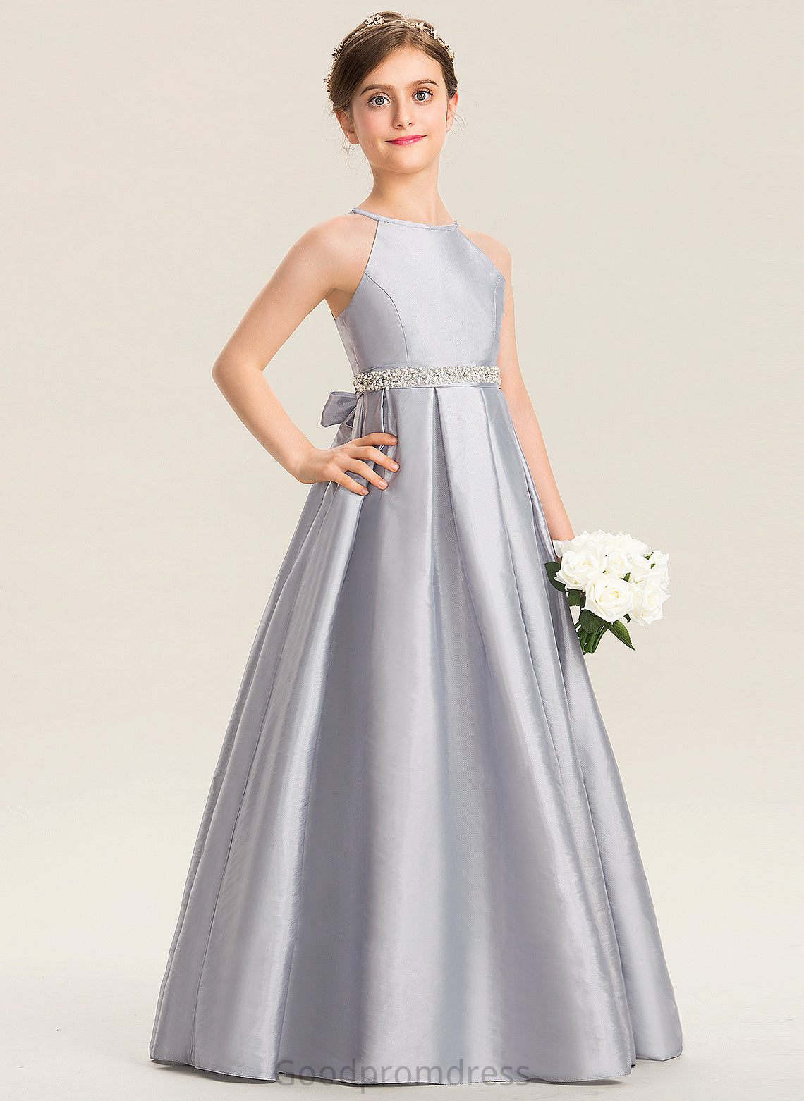 Bow(s) Junior Bridesmaid Dresses Taffeta Floor-Length Beading Neck Penelope With A-Line Scoop