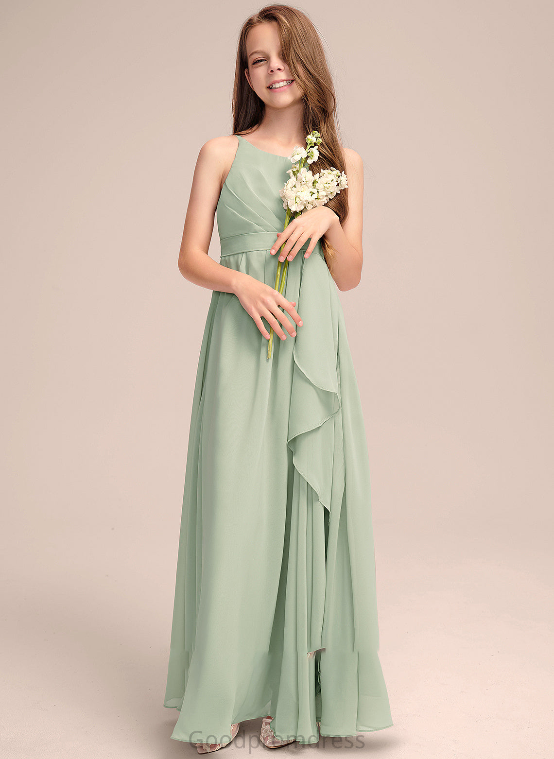 Ruffles Floor-Length A-Line Lucille Chiffon Junior Bridesmaid Dresses Neck Cascading Scoop With