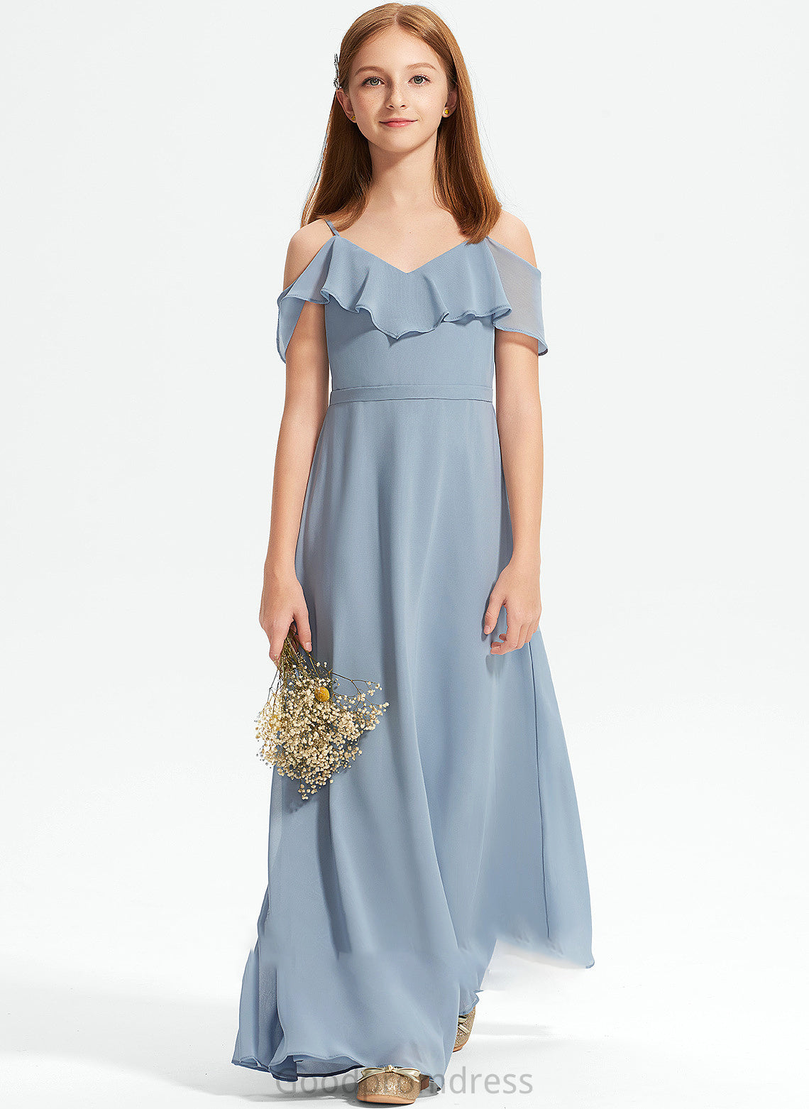 Ruffles Chiffon Floor-Length A-Line Off-the-Shoulder Isabell Junior Bridesmaid Dresses With