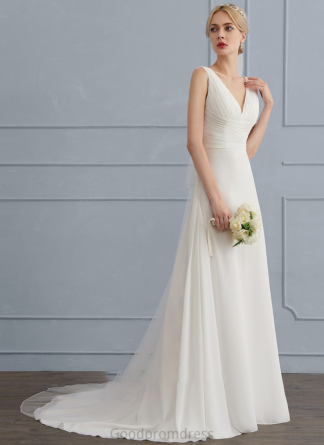 With Dress Wedding A-Line Chiffon Wedding Dresses Sweep Madison Train Ruffle V-neck