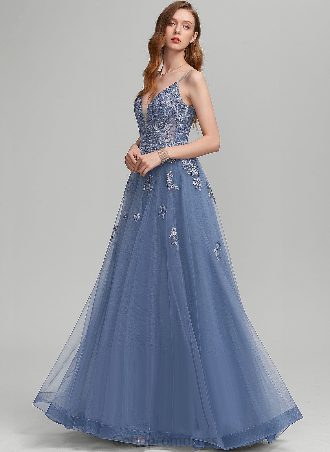 A-Line Prom Dresses Tulle With Adrienne Sequins V-neck Floor-Length Lace