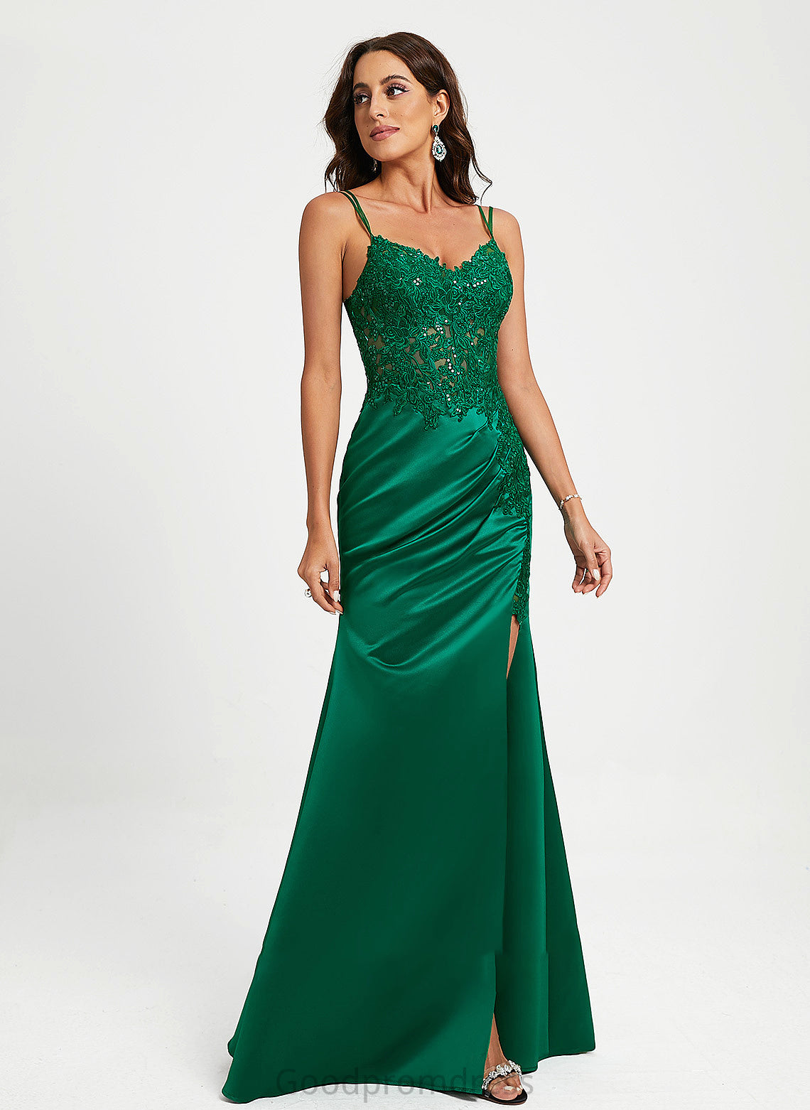 Satin V-neck Lace With Sofia Sheath/Column Sequins Prom Dresses Floor-Length