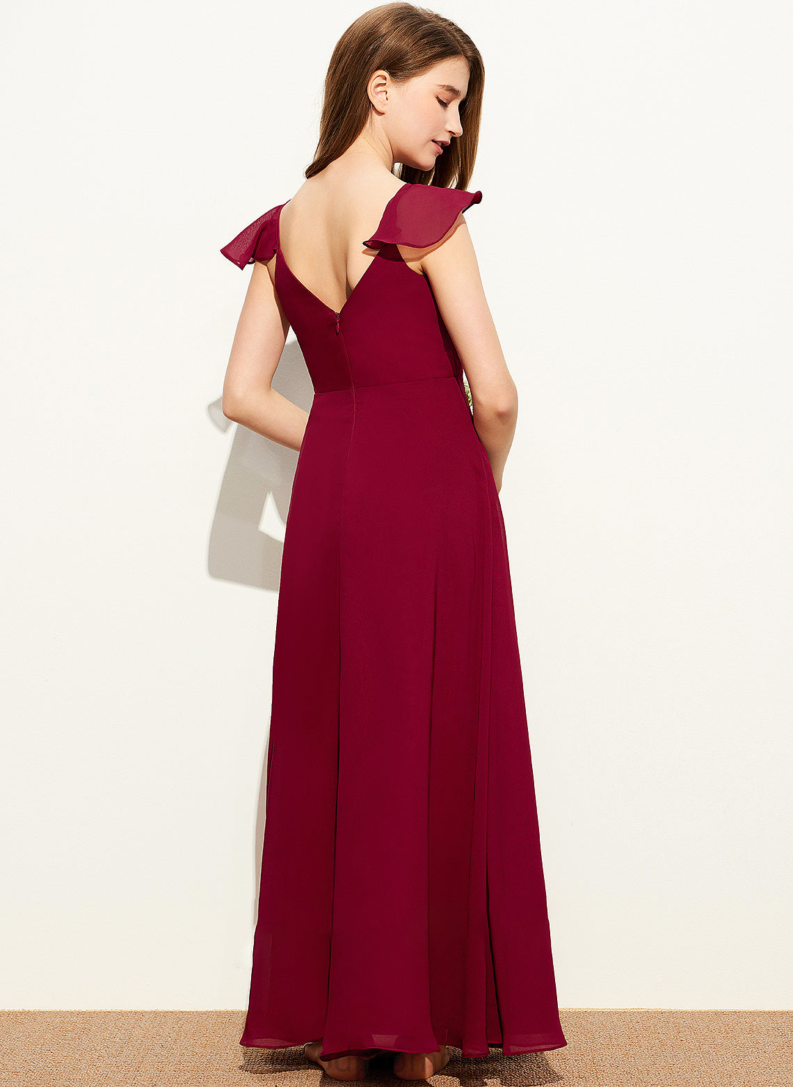 Junior Bridesmaid Dresses With Lilah Chiffon V-neck Ruffle Floor-Length A-Line