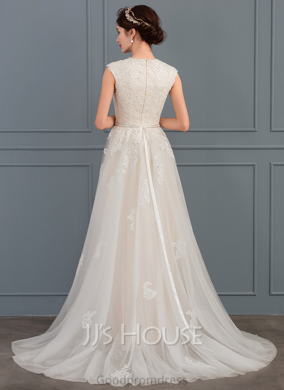 Wedding Sweep Wedding Dresses Kaylie Bow(s) Beading A-Line Tulle V-neck Sequins Dress Train With