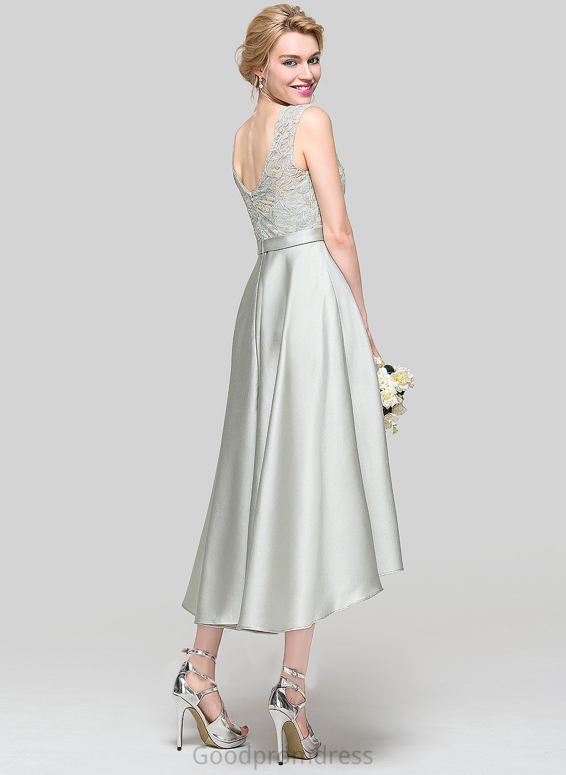 Straps A-Line Satin ScoopNeck Silhouette Neckline Length Lace Asymmetrical Fabric Kaleigh Sleeveless Bridesmaid Dresses