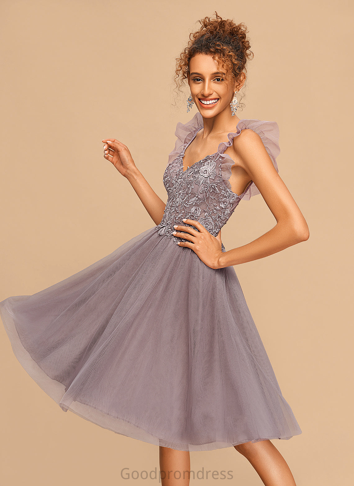 Homecoming Tulle Dress Cascading Homecoming Dresses V-neck Carleigh Lace A-Line With Knee-Length Ruffles