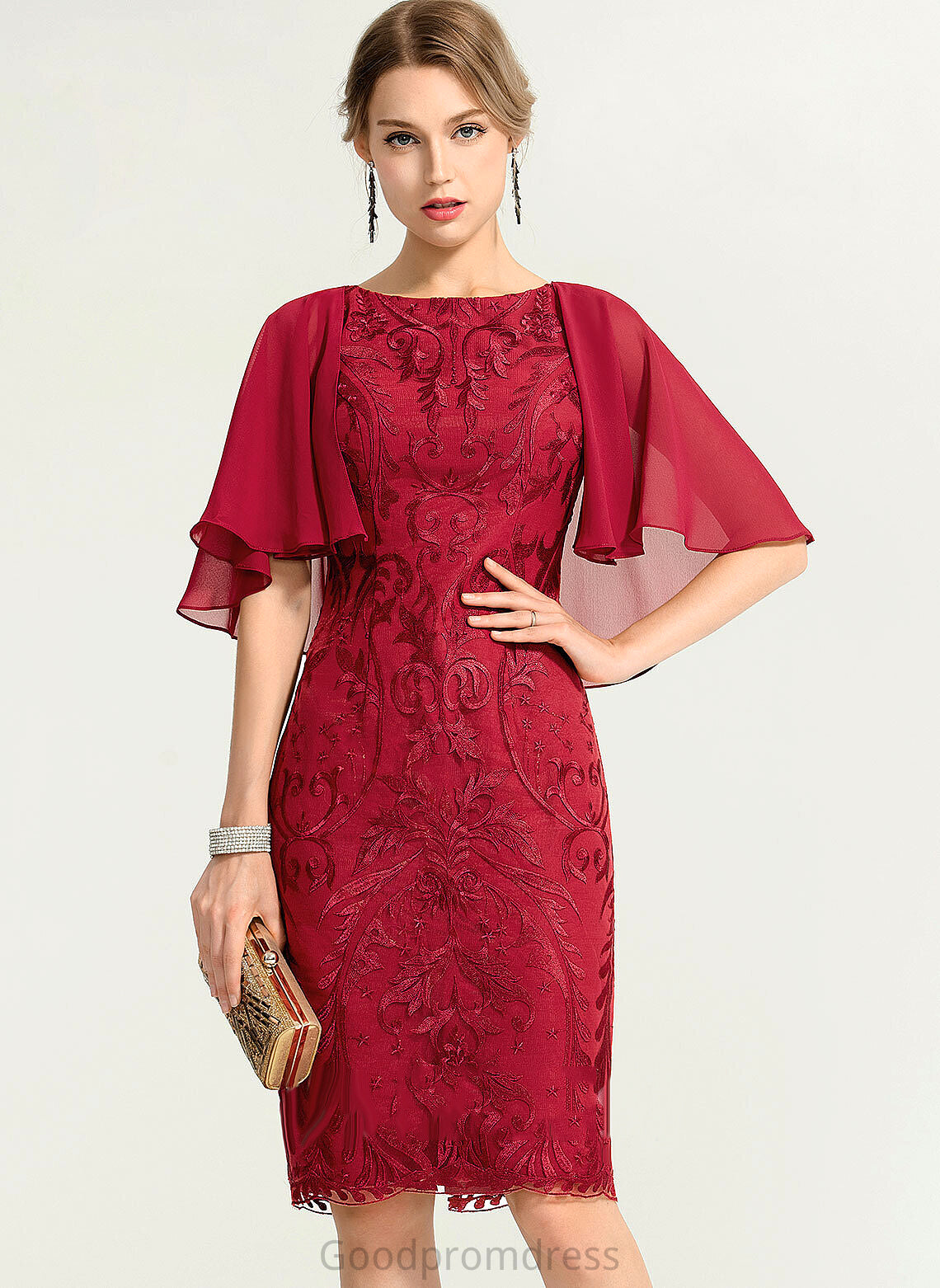 Sheath/Column Cocktail Jazmyn Cocktail Dresses Scoop Chiffon Lace Neck Knee-Length Dress